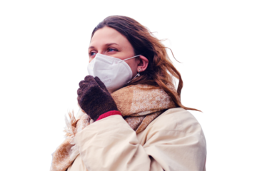 Portrait of adult woman with curly hair wearing ffp2 respirator on city street, isolated on a white background