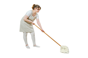 A woman in an apron cleans the floor with a mop in a home kitchen, isolated on a white background