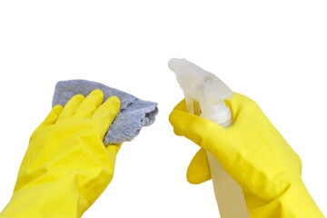 A woman is cleaning the bathroom by wiping the sink with a rag, isolated on a white background. Disinfection with yellow rubber gloves in the washroom