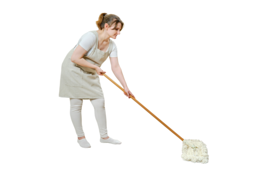 A woman in an apron cleans the floor with a mop in a home kitchen, isolated on a white background