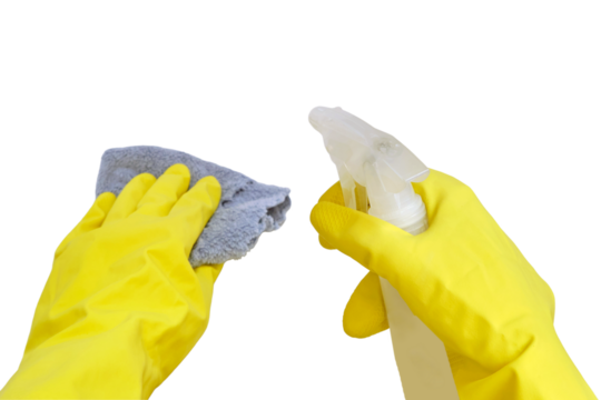 A woman is cleaning the bathroom by wiping the sink with a rag, isolated on a white background. Disinfection with yellow rubber gloves in the washroom