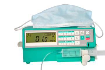 A syringe pump, a dropper for anesthesia and drug administration during operations and medical procedures in a hospital, isolated on a white background