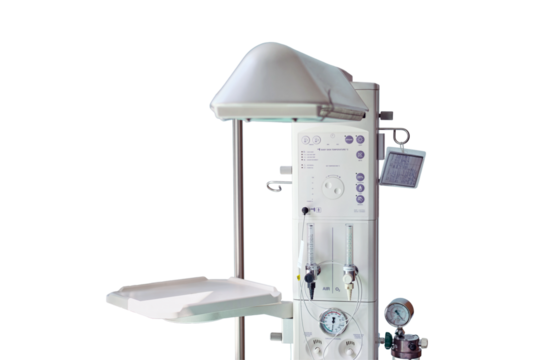 A device for resuscitation of infants and checking the child on the Apgar scale after delivery, isolated on a white background. Machine for oxygen supply and resuscitation of the baby after childbirth