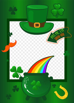 Happy saint Patrick's Day photo frame. you can insert your picture. With traditional Irish symbols around it. Funny photo frame in vector. Let the shenanigans begin. Kiss me I am Irish.