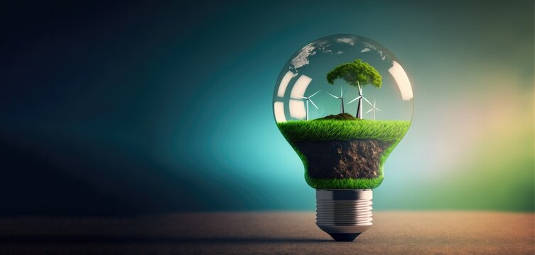Green Energy Revolution: Lightbulb Symbolizing Renewable Sources and Sustainable wind energy, copy space generative ai