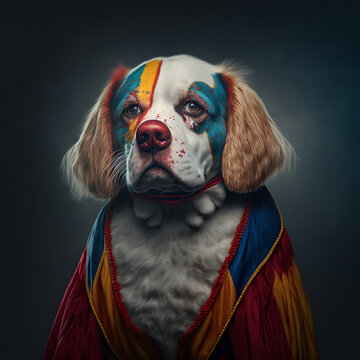 Portrait of a dog in clown cloth
