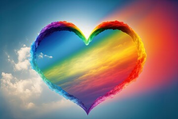 Beautiful rainbow and clouds form into heart shape. Valentine's day illustration concept, LGBTQIA+ support. Generative AI.