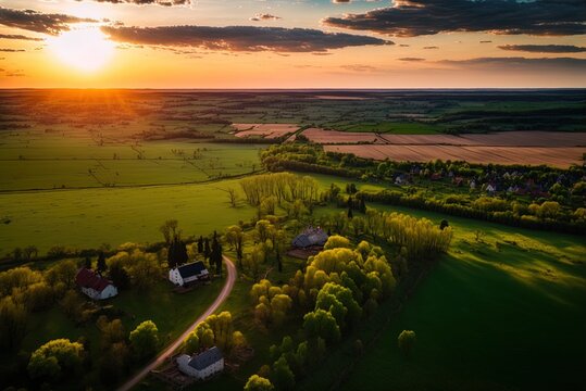 Taken From A Drone's Perspective, This Panoramic Sunset Scene In Moldavia's Natural Landscape Is Stunning. Little Town, Expansive Farmland, And Rolling Hills Generative AI