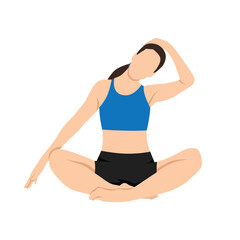 Woman doing meditating and seated stretching neck to the side. Release neck and shoulder tension. Flat vector illustration isolated on white background.