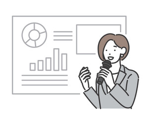 マイクを持ってプレゼンテーションをする女性のセミナー講師のベクターイラスト素材／ビジネス／講習／プレゼン