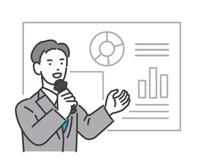 マイクを持ってプレゼンテーションをする男性のセミナー講師のベクターイラスト素材／ビジネス／講習／プレゼン