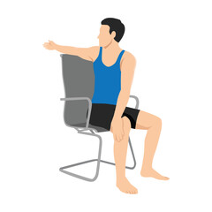 Fototapeta na wymiar Man doing workout at office seated Chair spinal twist. ardha matsyendrasana exercise. Flat vector illustration isolated on white background