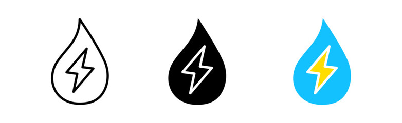 Hydropower icons set. Water, arrows, source, energy, renewable, health, art, technology, eco, lightning, battery, accumulator.Technology concept. vector line icon in different styles.