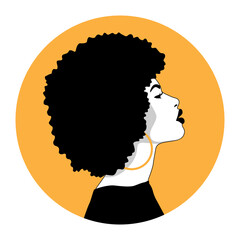 Silhouette of a woman with afro hair on a round yellow background. Vector minimalist portrait of a woman.