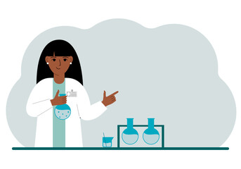 Female scientist with flasks. Experimental scientist, laboratory assistant, biochemistry, chemical, scientific research.