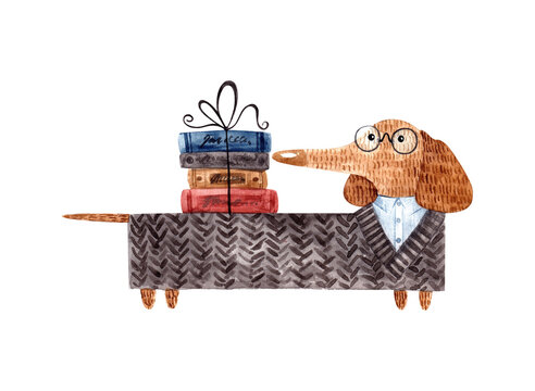 dachshund writer. writer's day. dog in glasses with books. watercolor illustration for print posters, cards, t-shirt prints, stickers.