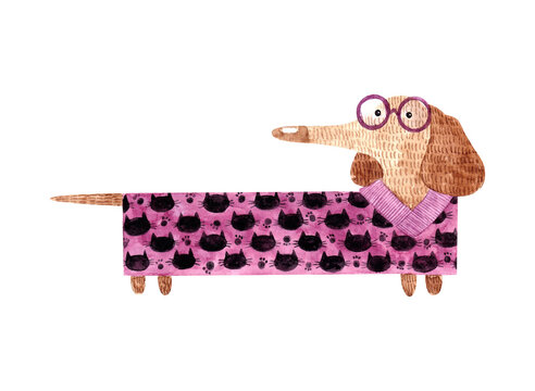 dachshund in a pink sweater with cats. cat Day. dog with glasses. watercolor illustration for print posters, cards, t-shirt prints, stickers.