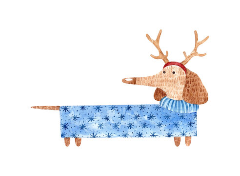 dachshund in deer antlers. New Year's dog in a blue sweater. watercolor illustration for print posters, cards, t-shirt prints, stickers.