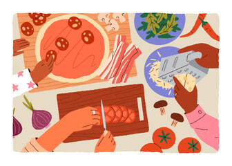 Cooking pizza together, top view. Family hands cook homemade dish, preparing food ingredients, cheese, bacon, meat on kitchen tabletop. Eating, meal preparation at leisure. Flat vector illustration