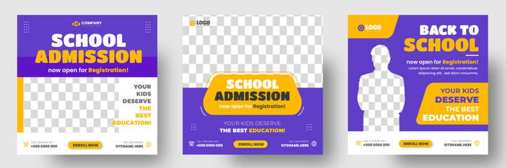 School admission social media post banner design. back to school social media post banner design set. Back to school admission promotion banner. school admission template for social media ad.