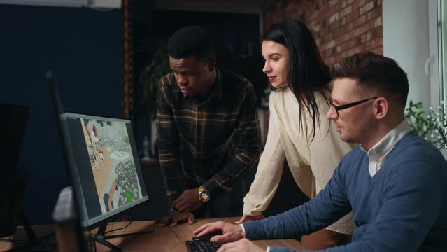 teamwork in design and engineering company, businesspersons communicating and discussing 3D model