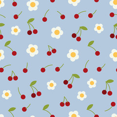 Seamlss vecor pattern wih simple cherry berries and flowers