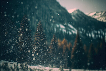 mountain landscape with snow and pine trees with a feeling of cold. space for text