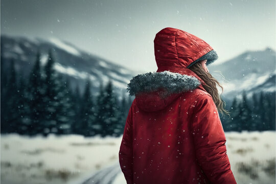 Red coat girl walks through snow-covered pine trees and mountains. enjoying a winter. Copy space for text
