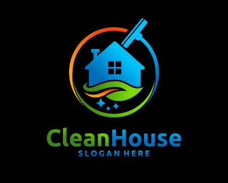 House Cleaner Home Clean Cleaning Service Housecleaning Eco Fresh Leaf Green Vector Logo Design