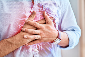 Man with chest pain, injury or medical accident for heart attack, inflammation or sprain....