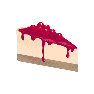 A piece of cheese cake with berry jam drops