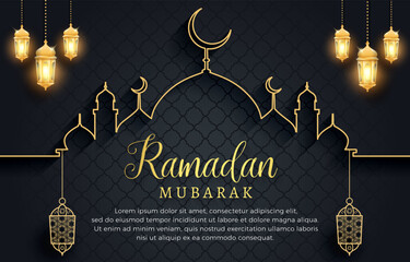 elegant ramadan mubarak 2023 template banner with luxury shiny islamic ornament and abstract gradient black and golden background design - obrazy, fototapety, plakaty