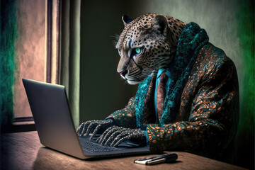 Fototapeta premium Predatory animals work at the computer, Generative AI