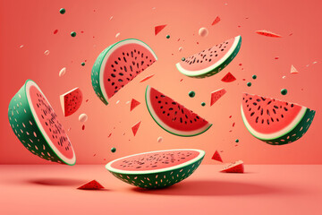 Slices of fresh watermelon floating, flying, and levitating against a pink background. Berry fruits of the season. contemporary, minimalistic cuisine Watermelon Day idea August 3. Generative AI