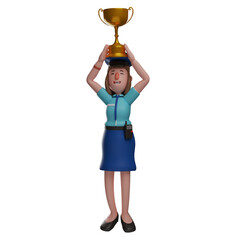 3D Illustration. Illustration of a cute 3D Police Woman character putting a trophy on her head. with both hands up in the pose. showing a happy smile. 3D Cartoon Character