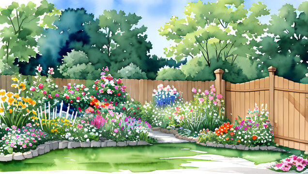 garden in spring watercolor painting vintage generative AI