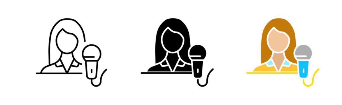 Woman with microphone line icon. Girl, microphone, performance, singing, announcement, news, announcer, presenter. Vector icon in line, black and colorful style on white background