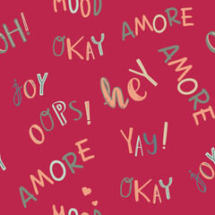 Spring, summer, conversational, typographic, seamless pattern tags, positive quotes slogans,  fabric, tshirt, sweatshirt, packaging, textile, girls, women, kids, viva magenta, color of the year, 2023