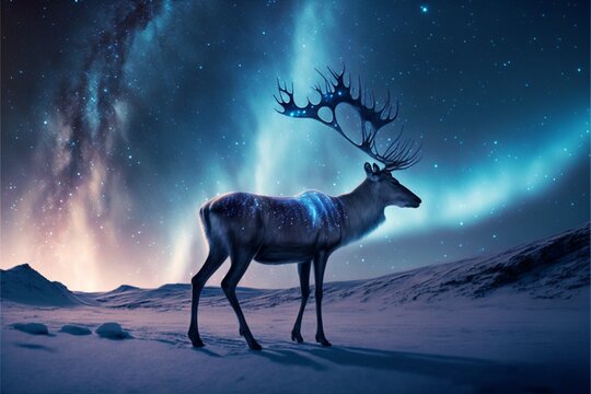 snow covered reindeer in icy snowy desert with northern lights in the sky AI generated content