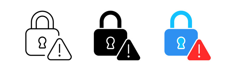 Lock with warning sign line icon. Protection update, gadget, chat, community, lock, security, access, password, closed, unavailable. Vector icon in line, black and colorful style on white background