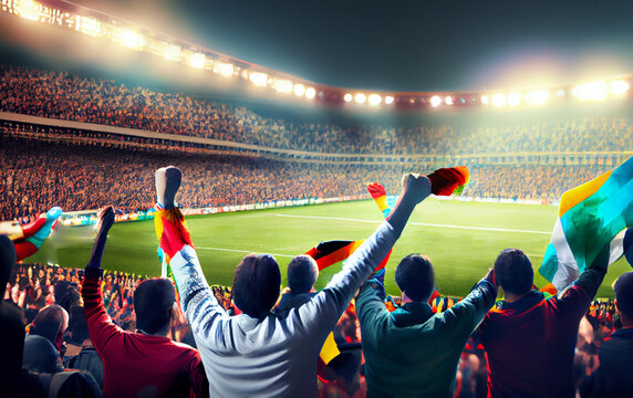Sport match. Back view of football, soccer fans cheering their team with colorful scarfs at crowded stadium at evening time. Concept of sport, cup, world, team, event, competition. Generative ai.