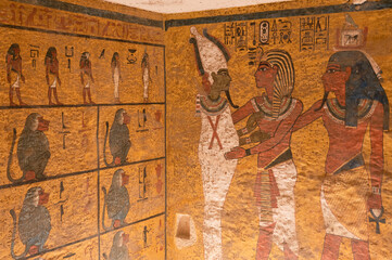 Colorful paintings and hieroglyphics of inside Tutankhamun tomb at Valley of the Kings, Egypt