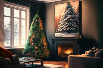 Stylish living room interior with Christmas tree near beautiful fireplace, blurred view. Generative AI