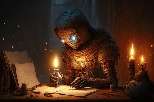 Robot writing a letter using Artificial Intelligence. Concept of AI involves using algorithms and machine learning to analyze language patterns and generate creative text.