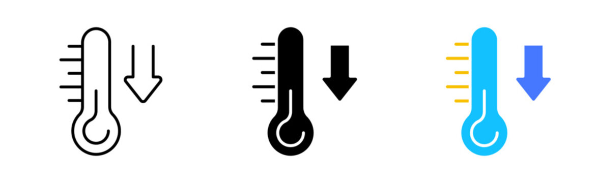 Thermometer line icon. Temperature drop, forecast, warning, weather, world, rise, fall, danger, warning, thunderstorm, sun, recovery, cycle. Vector icon in line, black and colorful style