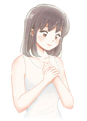 手書きアナログ漫画風・胸に手を当てて微笑む下着姿の女の子