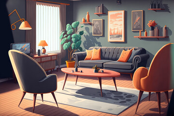 Spacious living room interior with coffee table, stylish chairs and grey comfortable sofa. Generative AI