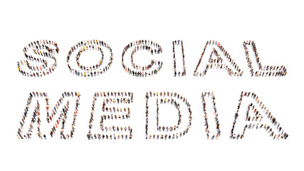 Concept conceptual large community of people forming SOCIAL MEDIA word. 3d illustration metaphor for communication and connection, networking and technology, advertising, global and worldwide