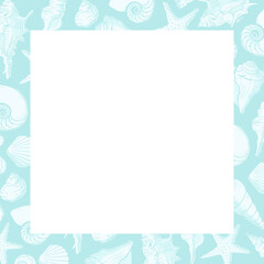 Square seashells frame. Sea and ocean design template. Vector illustration