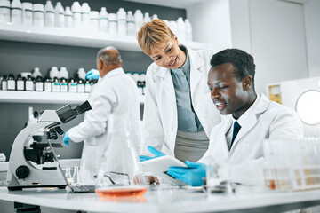 Doctor, tablet or scientist people in science laboratory for DNA research, medical and medicine...